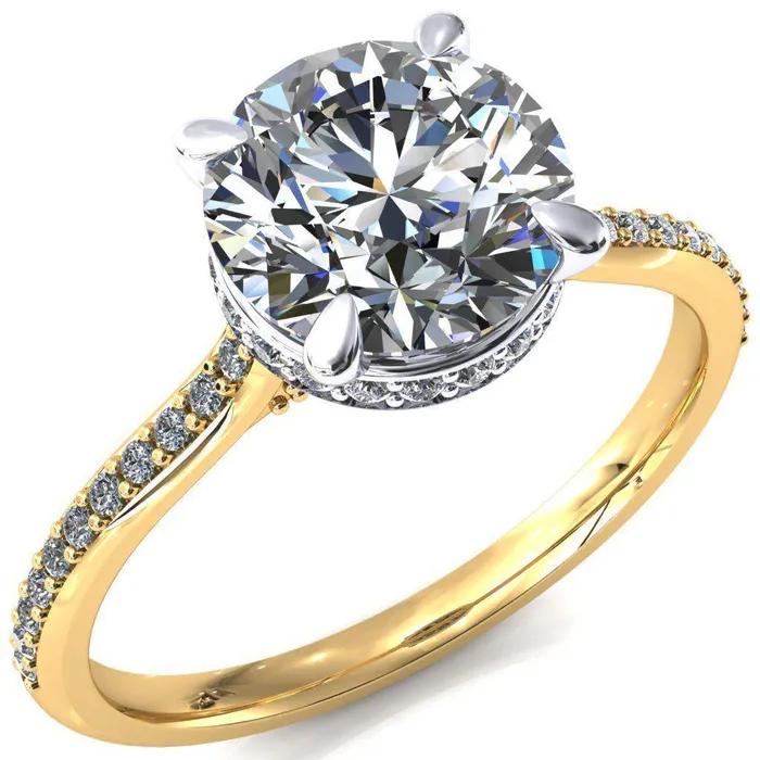 Kiki Round Center Stone 4 Prongs Claw Floating Halo 12 Pinpoint Inverted Cathedral Ring Fire Brilliance Rings