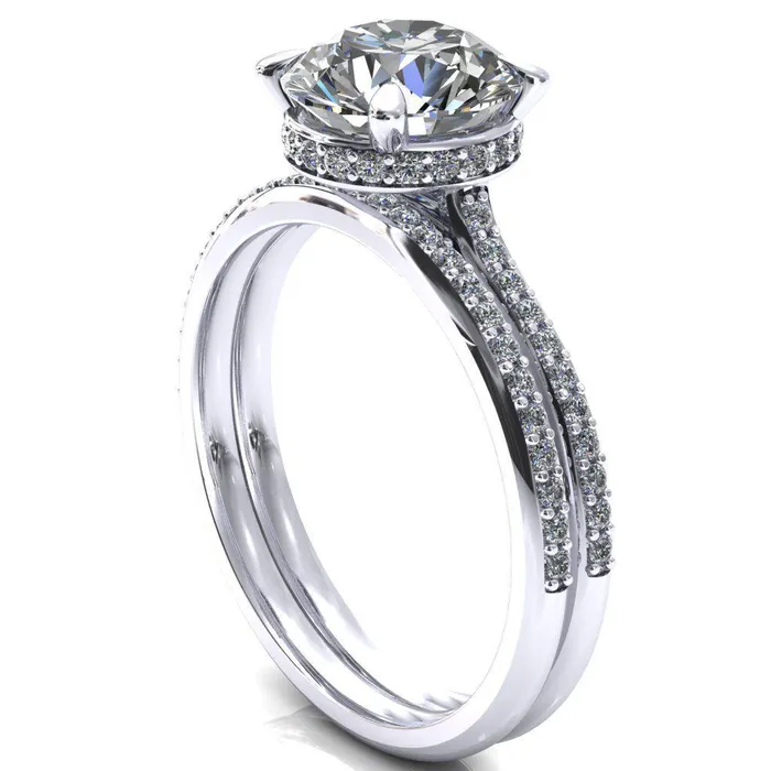 Kiki Round Center Stone 4 Prongs Claw Floating Halo 12 Pinpoint Inverted Cathedral Ring Fire Brilliance Rings