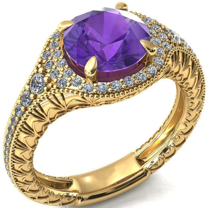 Kylee Round Amethyst Accent Diamond Milgrain and Filigree Design 4 Prong Engagement Ring Fire Brilliance Rings