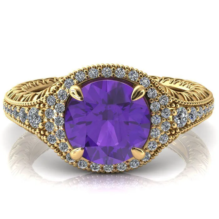 Kylee Round Amethyst Accent Diamond Milgrain and Filigree Design 4 Prong Engagement Ring Fire Brilliance Rings
