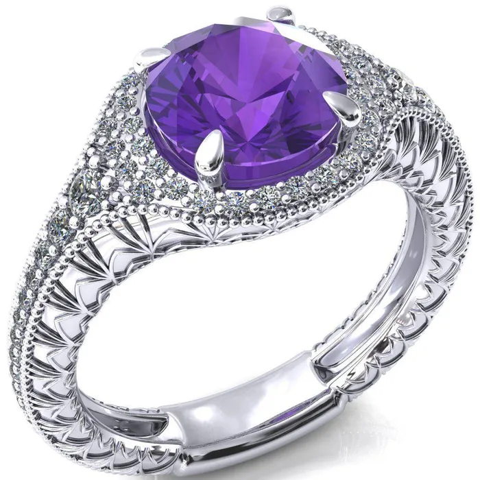 Kylee Round Amethyst Accent Diamond Milgrain and Filigree Design 4 Prong Engagement Ring Fire Brilliance Rings