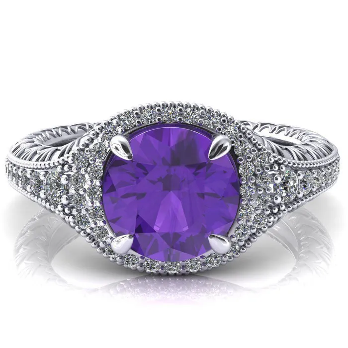 Kylee Round Amethyst Accent Diamond Milgrain and Filigree Design 4 Prong Engagement Ring Fire Brilliance Rings