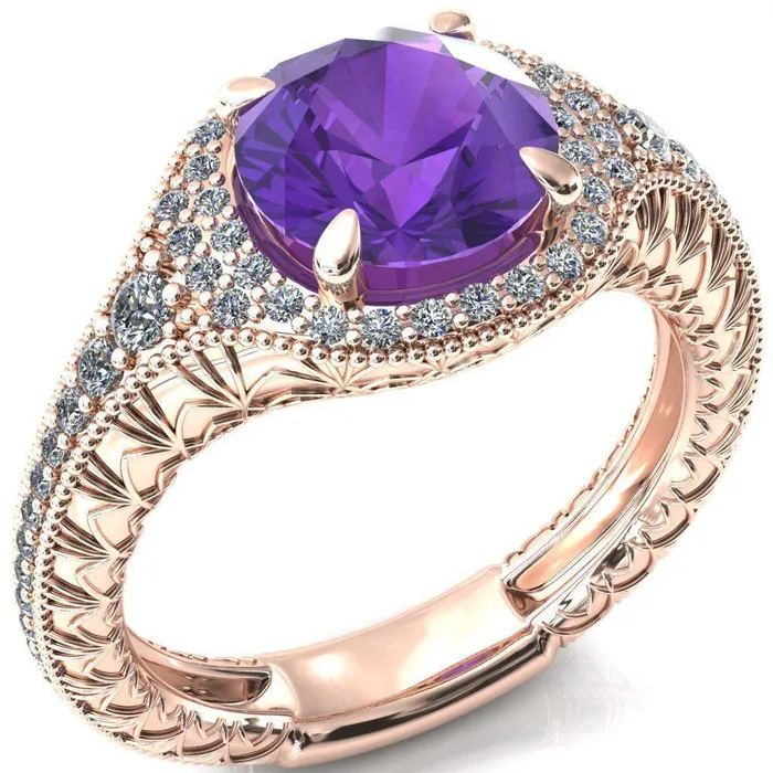 Kylee Round Amethyst Accent Diamond Milgrain and Filigree Design 4 Prong Engagement Ring Fire Brilliance Rings