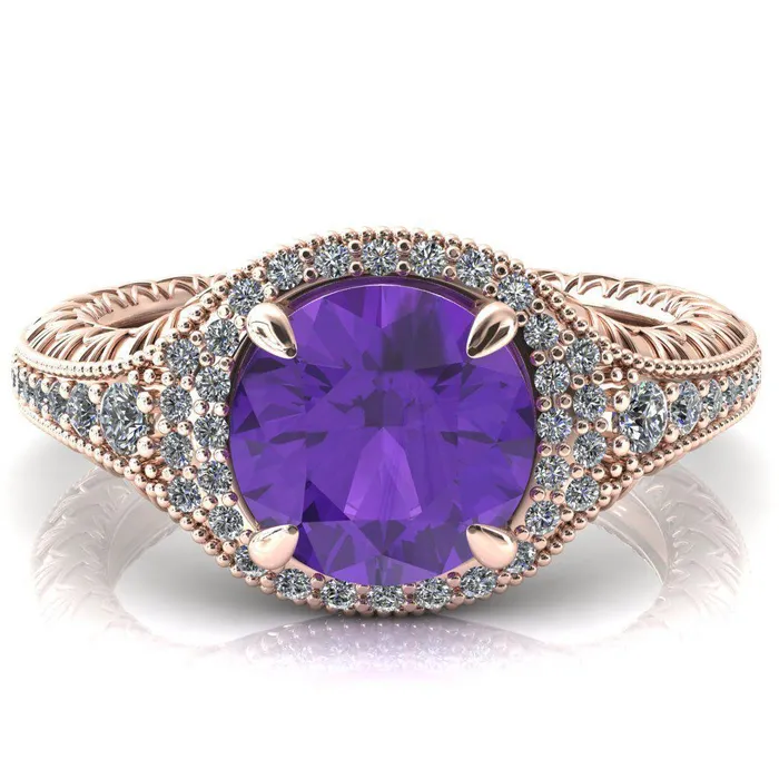 Kylee Round Amethyst Accent Diamond Milgrain and Filigree Design 4 Prong Engagement Ring Fire Brilliance Rings