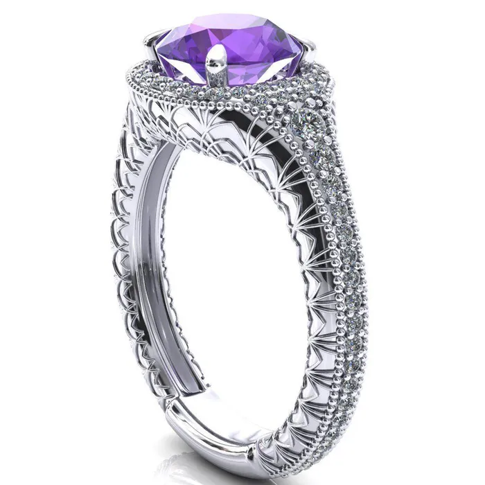 Kylee Round Amethyst Accent Diamond Milgrain and Filigree Design 4 Prong Engagement Ring Fire Brilliance Rings