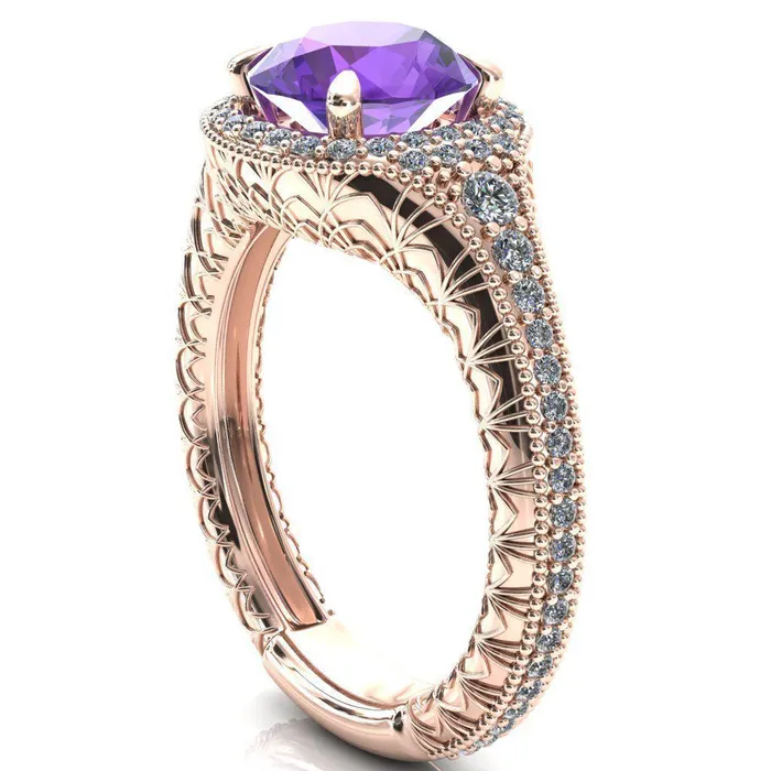 Kylee Round Amethyst Accent Diamond Milgrain and Filigree Design 4 Prong Engagement Ring Fire Brilliance Rings