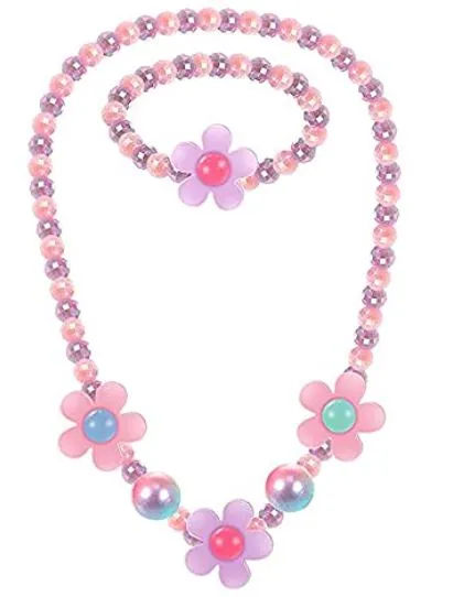 L309 Iridescent Pink Lavender Bead Flower Necklace Bracelet Set POLLY Bracelets