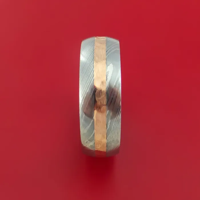 Lashbrook Damascus Steel Ring with 14k Rose Gold Inlay and Interior Hardwood Sleeve Custom Made Band Rings Lashbrook Damascus Steel Ring with 14k Rose Gold Inlay and Interior Hardwood Sleeve Custom Made Band Rings