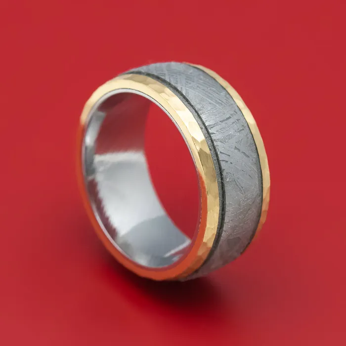 Lashbrook Rings 14K Gold and Gibeon Meteorite Ring with Damascus Steel Sleeve and Cerakote Grooves Lashbrook Rings 14K Gold and Gibeon Meteorite Ring with Damascus Steel Sleeve and Cerakote Grooves