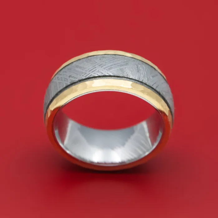 Lashbrook Rings 14K Gold and Gibeon Meteorite Ring with Damascus Steel Sleeve and Cerakote Grooves Lashbrook Rings 14K Gold and Gibeon Meteorite Ring with Damascus Steel Sleeve and Cerakote Grooves