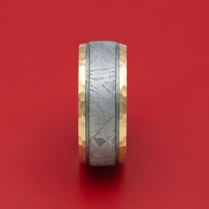 Lashbrook Rings 14K Gold and Gibeon Meteorite Ring with Damascus Steel Sleeve and Cerakote Grooves Lashbrook Rings 14K Gold and Gibeon Meteorite Ring with Damascus Steel Sleeve and Cerakote Grooves