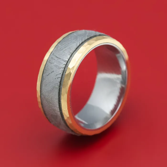Lashbrook Rings 14K Gold and Gibeon Meteorite Ring with Damascus Steel Sleeve and Cerakote Grooves Lashbrook Rings 14K Gold and Gibeon Meteorite Ring with Damascus Steel Sleeve and Cerakote Grooves