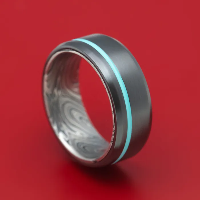 Lashbrook Rings Black Zirconium and Marble Kuro Damascus Ring with Cerakote Inlay Custom Made Lashbrook Rings Black Zirconium and Marble Kuro Damascus Ring with Cerakote Inlay Custom Made