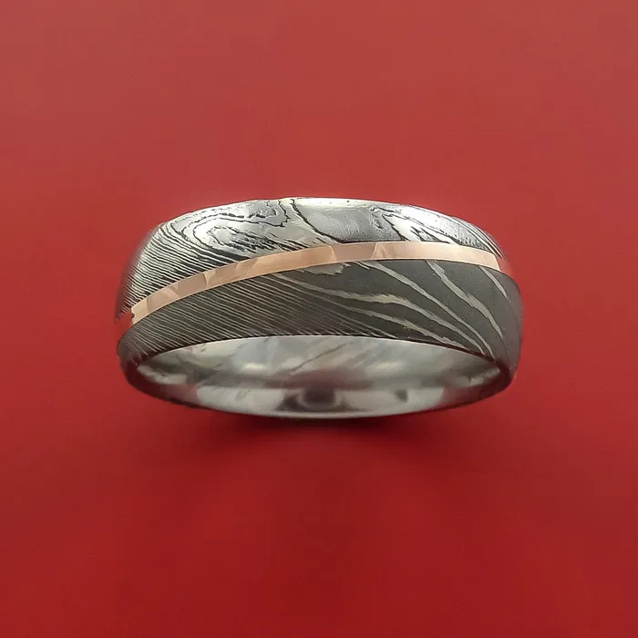 Lashbrook Rings Damascus Steel Ring with 14k Rose Gold Inlay Custom Made Band Lashbrook Rings Damascus Steel Ring with 14k Rose Gold Inlay Custom Made Band