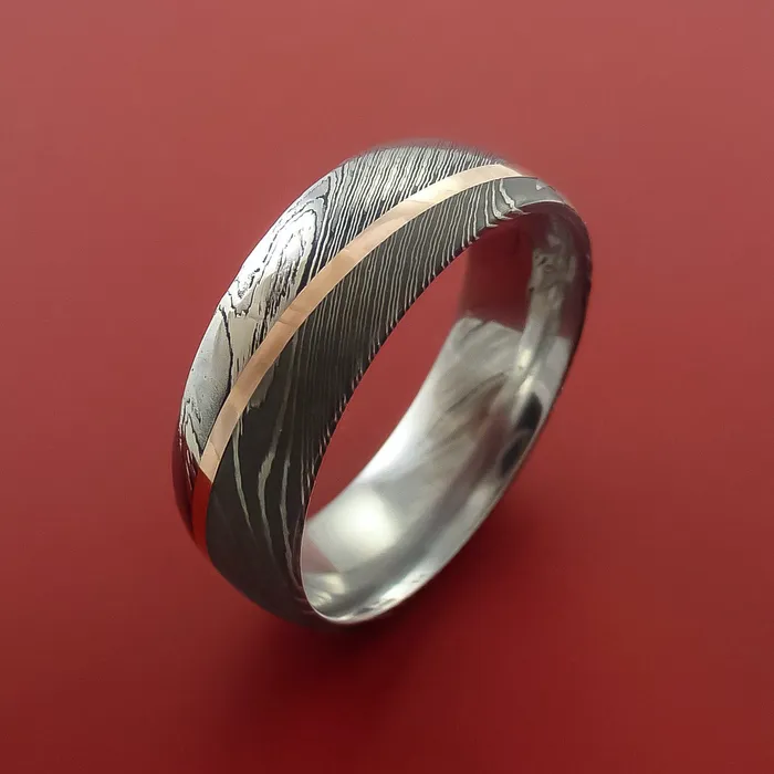 Lashbrook Rings Damascus Steel Ring with 14k Rose Gold Inlay Custom Made Band Lashbrook Rings Damascus Steel Ring with 14k Rose Gold Inlay Custom Made Band