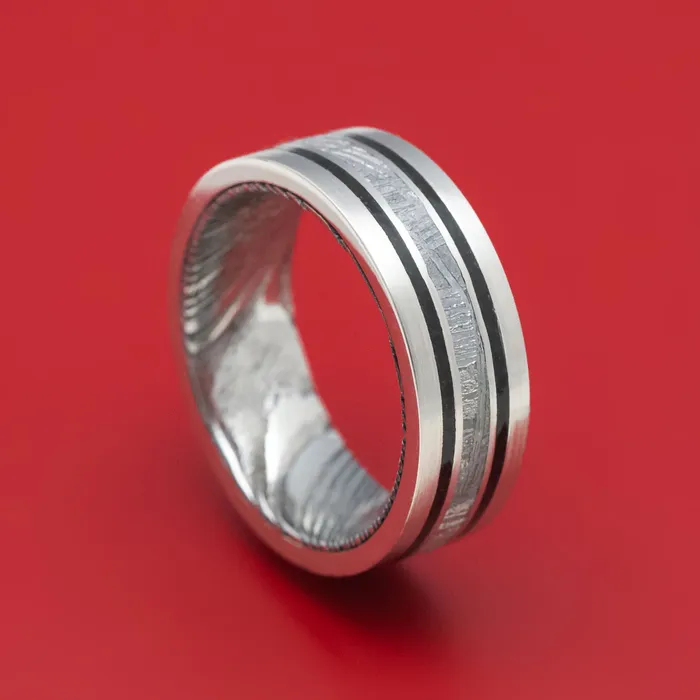 Lashbrook Rings Platinum Ring with Meteorite and Dinosaur Bone Inlays and Kuro Damascus Steel Sleeve Lashbrook Rings Platinum Ring with Meteorite and Dinosaur Bone Inlays and Kuro Damascus Steel Sleeve