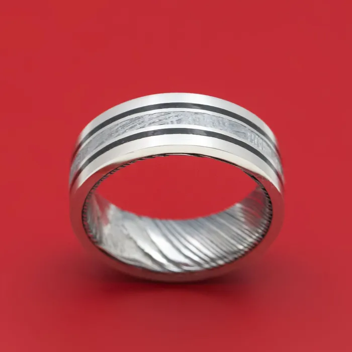 Lashbrook Rings Platinum Ring with Meteorite and Dinosaur Bone Inlays and Kuro Damascus Steel Sleeve Lashbrook Rings Platinum Ring with Meteorite and Dinosaur Bone Inlays and Kuro Damascus Steel Sleeve