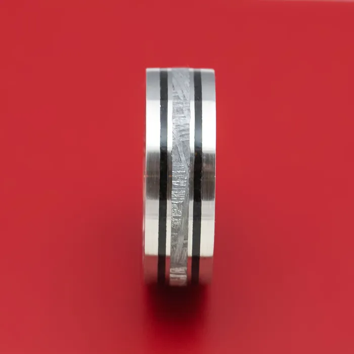 Lashbrook Rings Platinum Ring with Meteorite and Dinosaur Bone Inlays and Kuro Damascus Steel Sleeve Lashbrook Rings Platinum Ring with Meteorite and Dinosaur Bone Inlays and Kuro Damascus Steel Sleeve