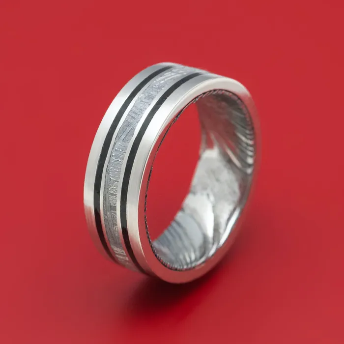 Lashbrook Rings Platinum Ring with Meteorite and Dinosaur Bone Inlays and Kuro Damascus Steel Sleeve Lashbrook Rings Platinum Ring with Meteorite and Dinosaur Bone Inlays and Kuro Damascus Steel Sleeve