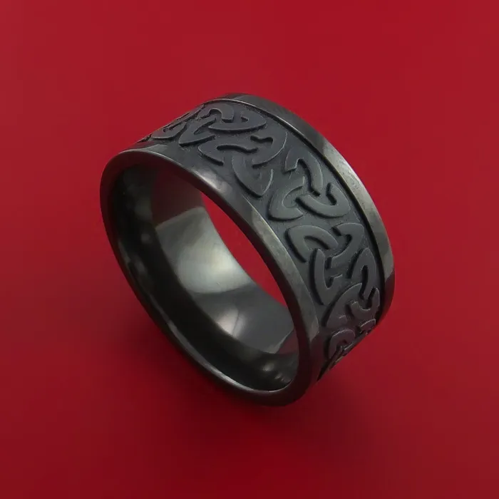 Lashbrook Rings Wide Black Zirconium Ring with Trinity Milled Celtic Design Inlay Custom Made Band Lashbrook Rings Wide Black Zirconium Ring with Trinity Milled Celtic Design Inlay Custom Made Band