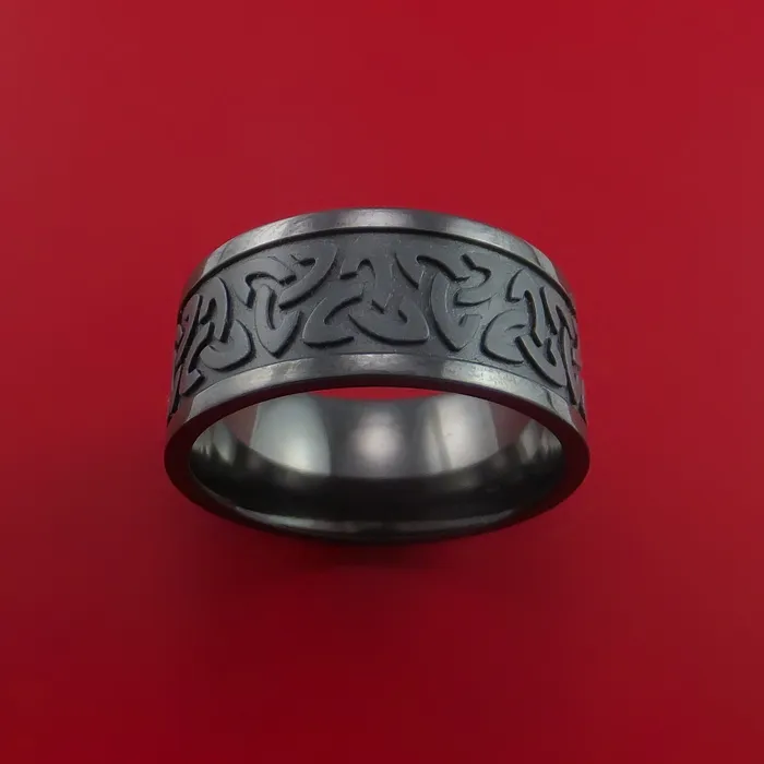 Lashbrook Rings Wide Black Zirconium Ring with Trinity Milled Celtic Design Inlay Custom Made Band Lashbrook Rings Wide Black Zirconium Ring with Trinity Milled Celtic Design Inlay Custom Made Band