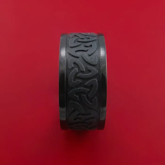 Lashbrook Rings Wide Black Zirconium Ring with Trinity Milled Celtic Design Inlay Custom Made Band Lashbrook Rings Wide Black Zirconium Ring with Trinity Milled Celtic Design Inlay Custom Made Band