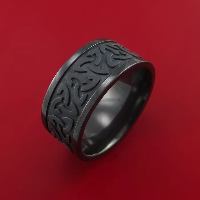 Lashbrook Rings Wide Black Zirconium Ring with Trinity Milled Celtic Design Inlay Custom Made Band Lashbrook Rings Wide Black Zirconium Ring with Trinity Milled Celtic Design Inlay Custom Made Band