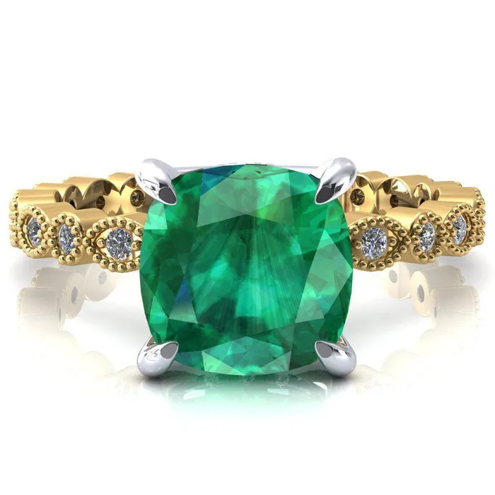 Lizette Cushion Emerald 4 Claw Prong 34 Eternity Milgrain Diamond Shank Engagement Ring Fire Brilliance Rings Lizette Cushion Emerald 4 Claw Prong 34 Eternity Milgrain Diamond Shank Engagement Ring Fire Brilliance Rings