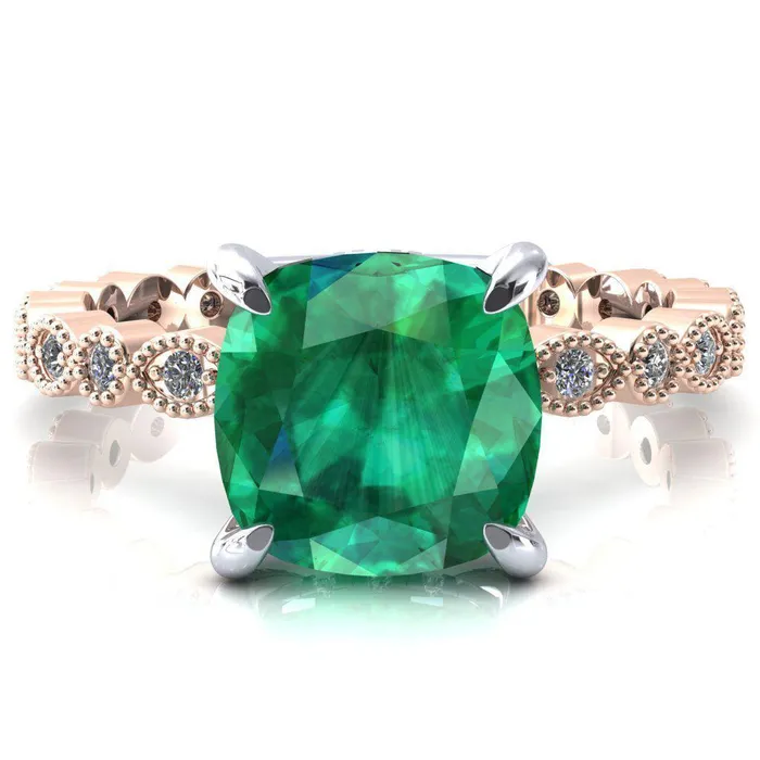 Lizette Cushion Emerald 4 Claw Prong 34 Eternity Milgrain Diamond Shank Engagement Ring Fire Brilliance Rings