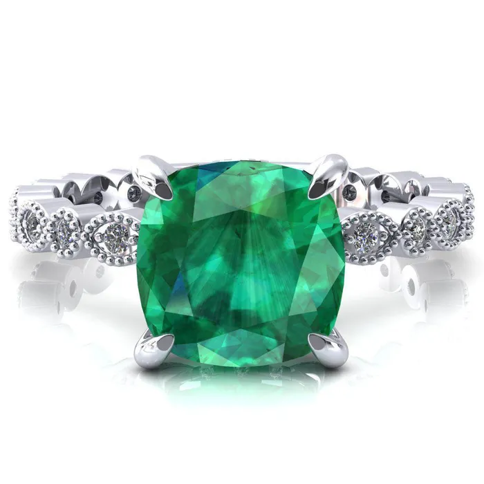 Lizette Cushion Emerald 4 Claw Prong 34 Eternity Milgrain Diamond Shank Engagement Ring Fire Brilliance Rings