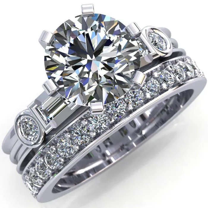 Maci Round Center Stone 6 Prong Center Double Bezel Diamond Side Ring Fire Brilliance Rings