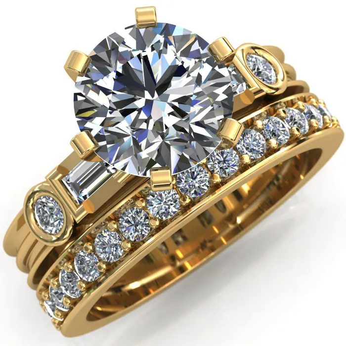 Maci Round Center Stone 6 Prong Center Double Bezel Diamond Side Ring Fire Brilliance Rings