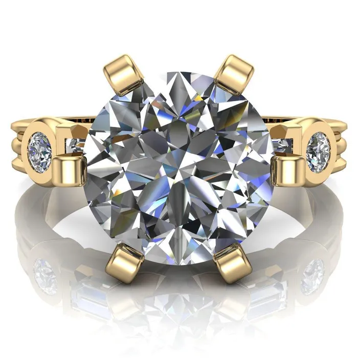 Maci Round Center Stone 6 Prong Center Double Bezel Diamond Side Ring Fire Brilliance Rings