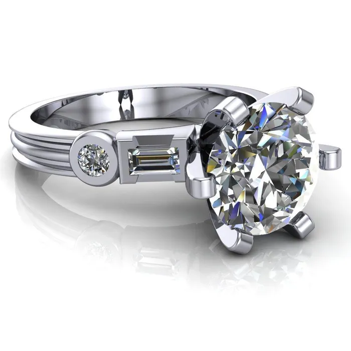 Maci Round Center Stone 6 Prong Center Double Bezel Diamond Side Ring Fire Brilliance Rings