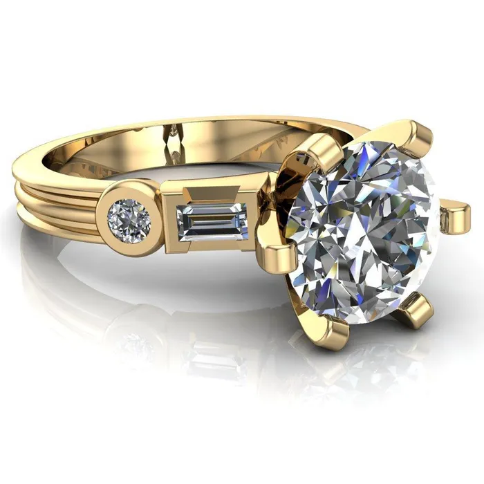 Maci Round Center Stone 6 Prong Center Double Bezel Diamond Side Ring Fire Brilliance Rings