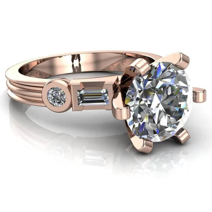 Maci Round Center Stone 6 Prong Center Double Bezel Diamond Side Ring Fire Brilliance Rings