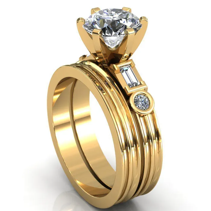Maci Round Center Stone 6 Prong Center Double Bezel Diamond Side Ring Fire Brilliance Rings
