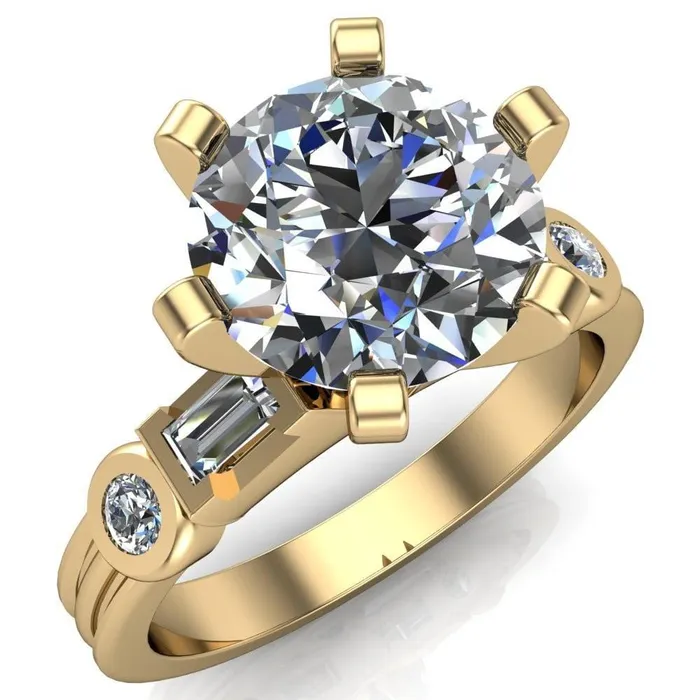 Maci Round Center Stone 6 Prong Center Double Bezel Diamond Side Ring Fire Brilliance Rings