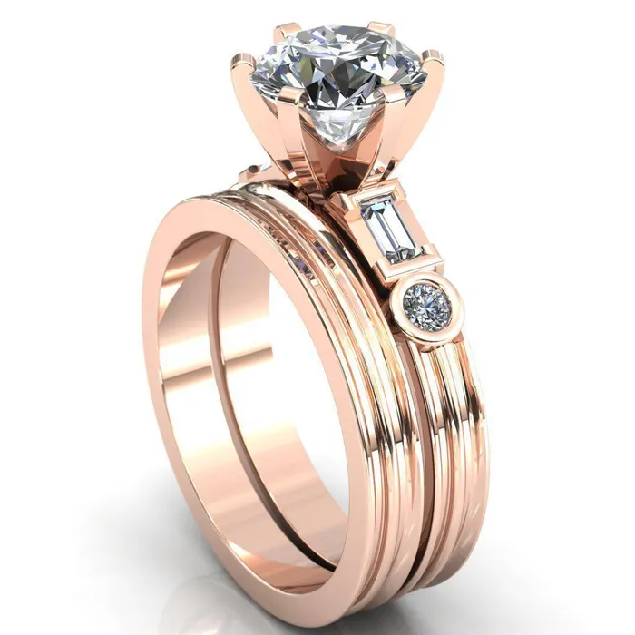 Maci Round Center Stone 6 Prong Center Double Bezel Diamond Side Ring Fire Brilliance Rings