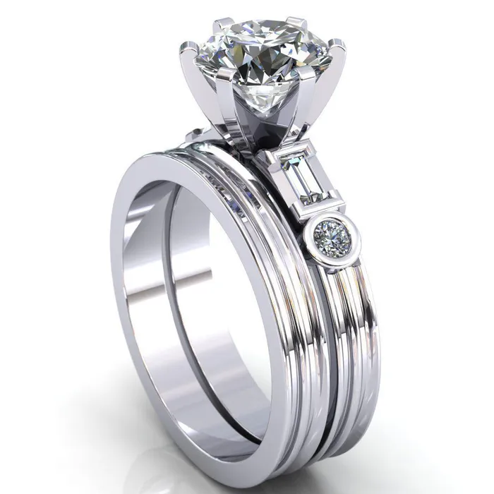Maci Round Center Stone 6 Prong Center Double Bezel Diamond Side Ring Fire Brilliance Rings