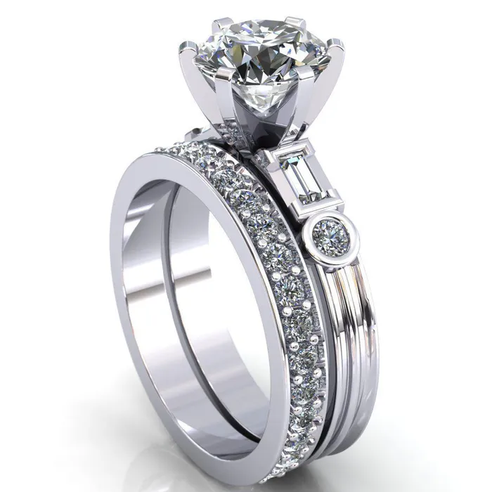 Maci Round Center Stone 6 Prong Center Double Bezel Diamond Side Ring Fire Brilliance Rings