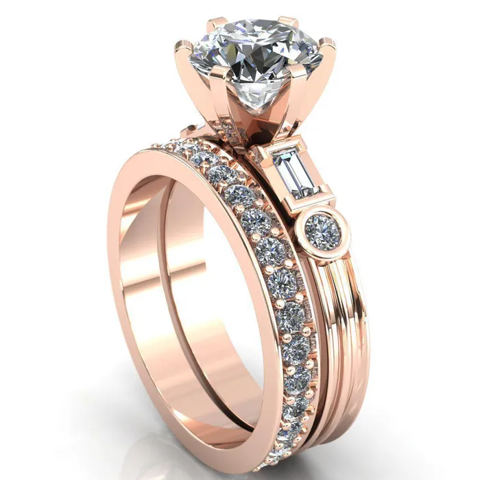 Maci Round Center Stone 6 Prong Center Double Bezel Diamond Side Ring Fire Brilliance Rings