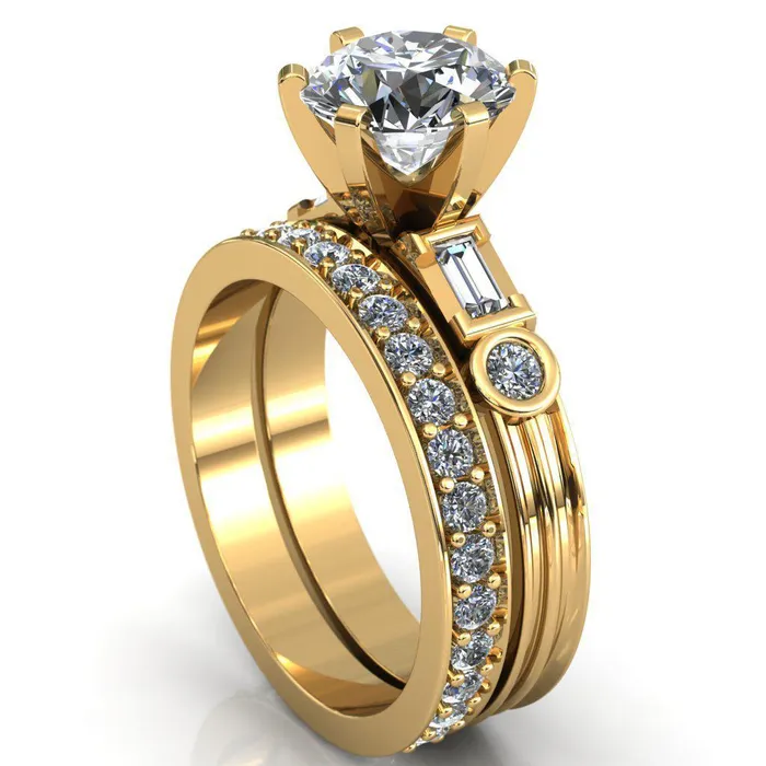 Maci Round Center Stone 6 Prong Center Double Bezel Diamond Side Ring Fire Brilliance Rings