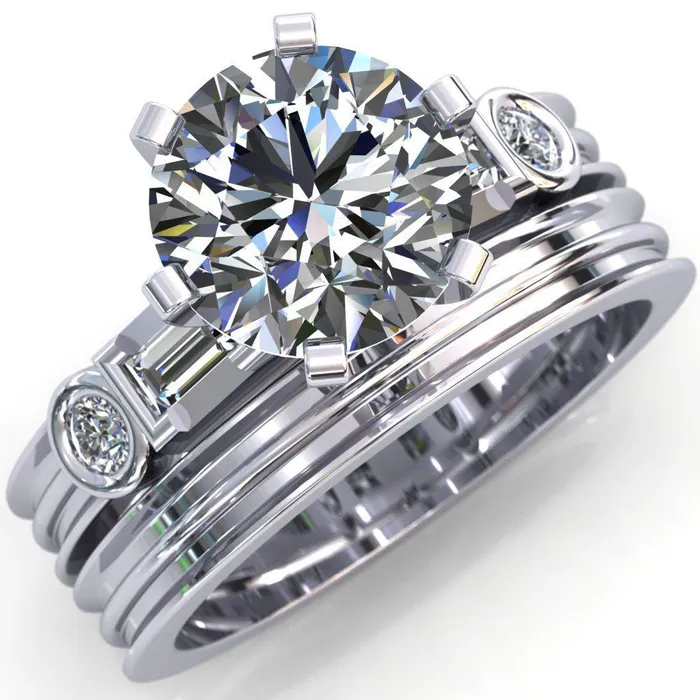 Maci Round Center Stone 6 Prong Center Double Bezel Diamond Side Ring Fire Brilliance Rings