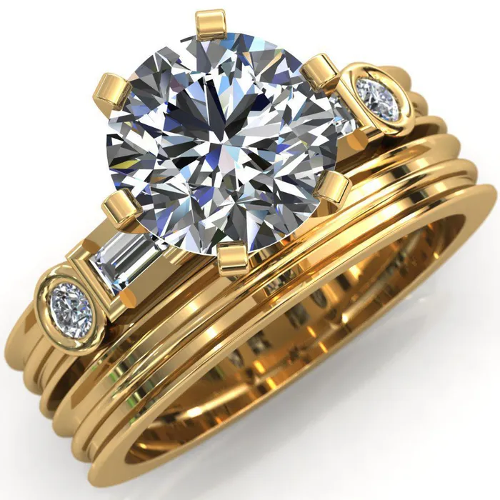 Maci Round Center Stone 6 Prong Center Double Bezel Diamond Side Ring Fire Brilliance Rings