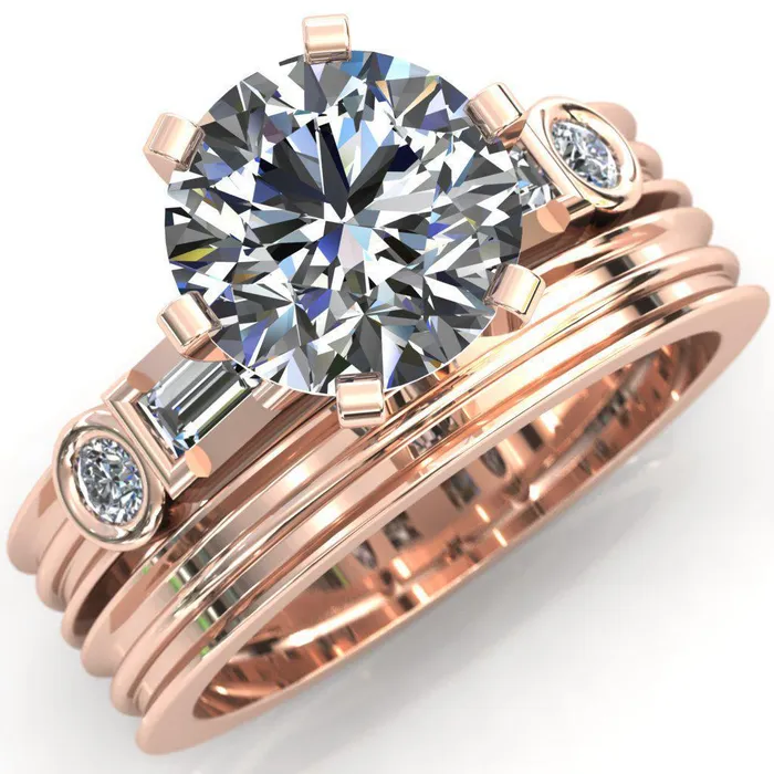 Maci Round Center Stone 6 Prong Center Double Bezel Diamond Side Ring Fire Brilliance Rings