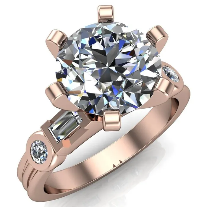 Maci Round Center Stone 6 Prong Center Double Bezel Diamond Side Ring Fire Brilliance Rings