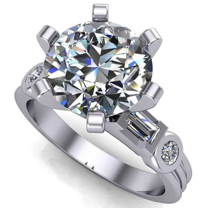 Maci Round Center Stone 6 Prong Center Double Bezel Diamond Side Ring Fire Brilliance Rings