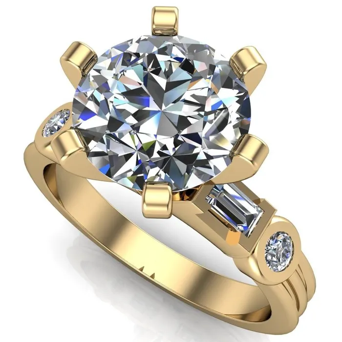 Maci Round Center Stone 6 Prong Center Double Bezel Diamond Side Ring Fire Brilliance Rings