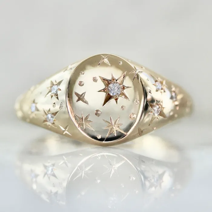 Made By Gem Breakfast Rings Orion Star Engraved Celestial Diamond Signet Ring Made By Gem Breakfast Rings Orion Star Engraved Celestial Diamond Signet Ring